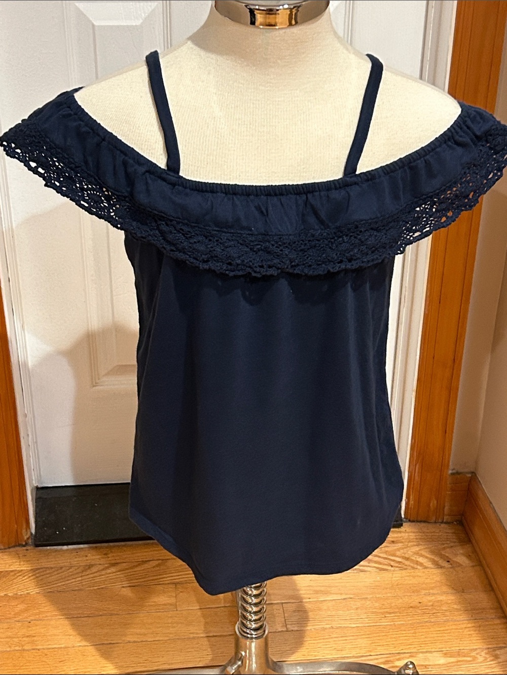 Navy Off-Shoulder Crochet Trim Girls Top